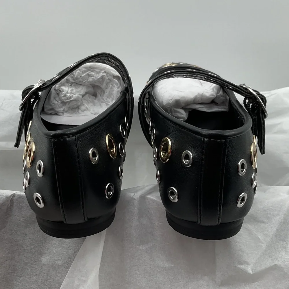 Aqua Gabbi Black Grommet Mary Jane Flats Double Buckle Mixed Metal Shoes Size 5M